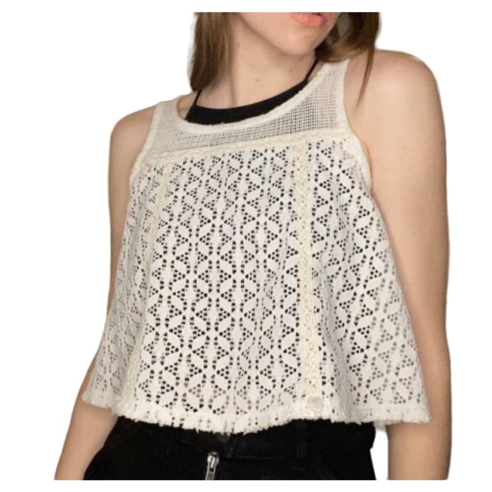 Free People Lace Stitching Detail‎ Crop Smock Tank Top Scoop Neck Cream Small